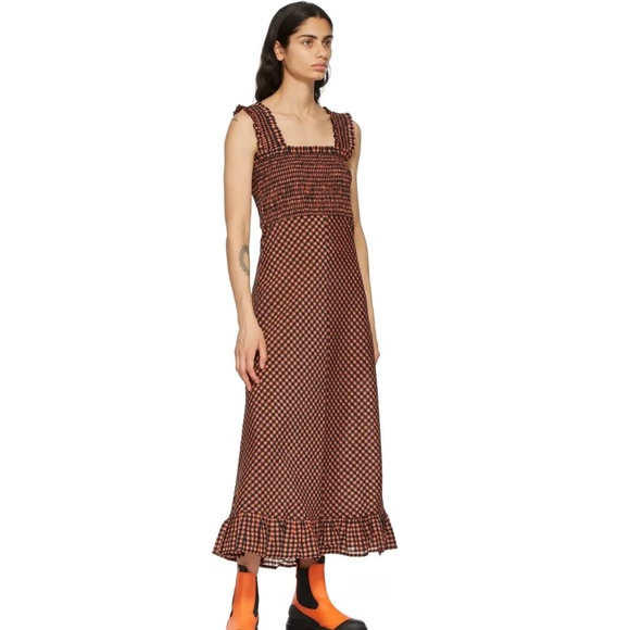Ganni Dresses & Skirts - GANNI Seersucker Gingham Smocked Maxi Dress Rust Black 38